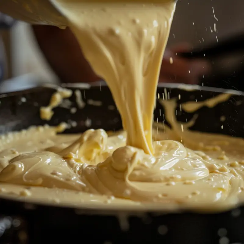 Thick pumpkin batter being poured evenly into a greased Bundt pan