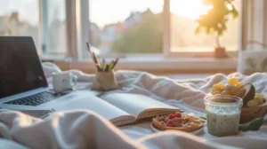 A cozy dorm study desk with textbooks, laptop, and healthy brain foods like oats, berries, and green tea for college students.