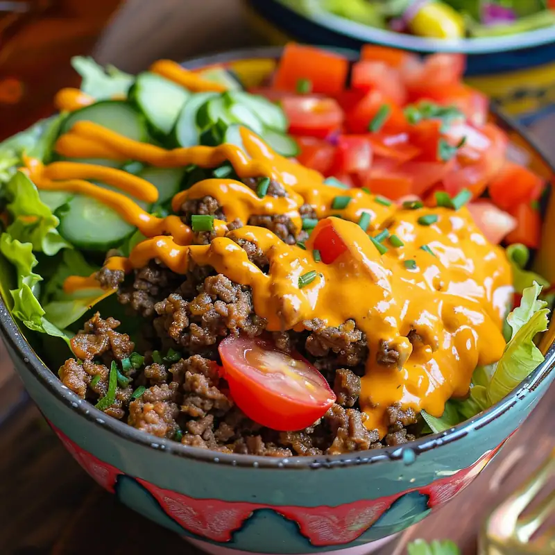 A colorful burger bowl with lettuce, ground beef, tomatoes, cheese, and homemade burger sauce on top.