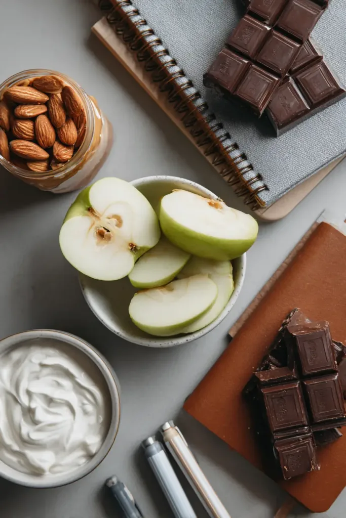Best Meals to Eat Before Exams: Boost Focus and Memory Naturally 4 Healthy snacks for studying like nuts, apple slices, and dark chocolate to maintain energy before exams.