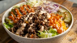 Big Mac burger bowl with lettuce, beef, cheese, pickles, and sesame seeds.