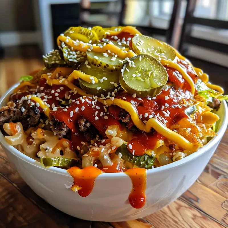 Big Mac burger bowl topped with extra pickles, cheese, and sesame seeds.