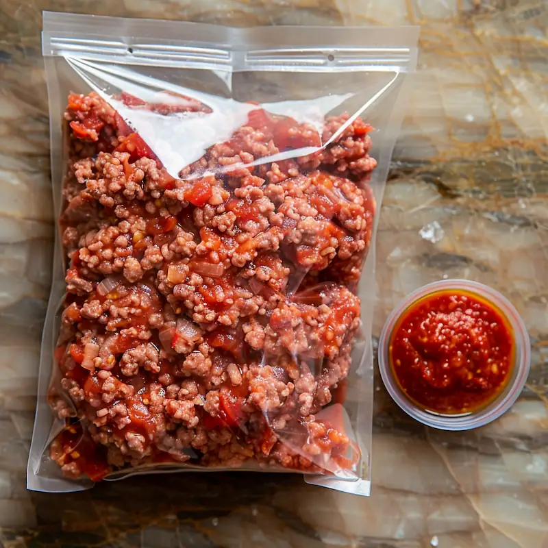 Portioned cooked ground beef and small sauce bag labeled for burger bowl meal prep
