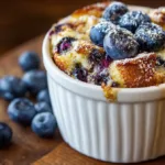 Blueberry French Toast Casserole for Students served in a mug with blueberries on top