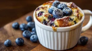 Blueberry French Toast Casserole for Students served in a mug with blueberries on top