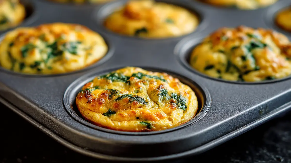 breakfast protein biscuits with cheddar and spinach in muffin tin