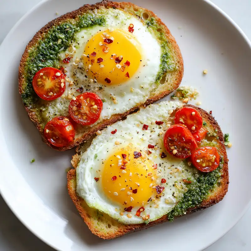 Simple budget pesto egg toast with tomato slices and chili flakes.