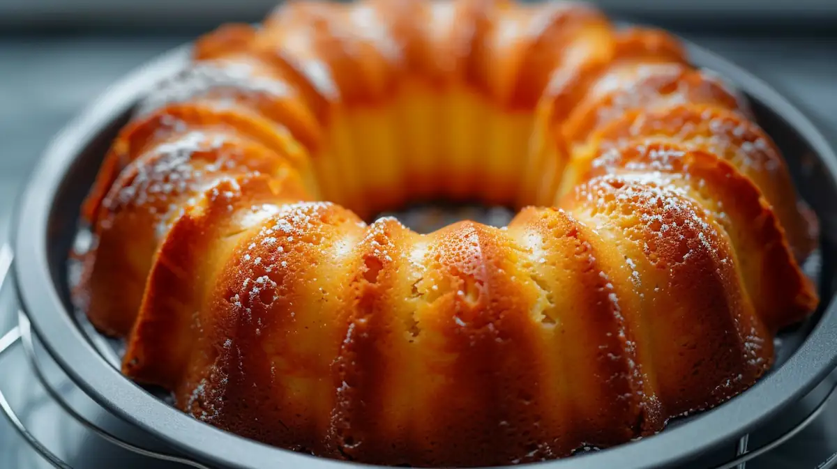 Freshly baked easy Bundt cake cooling in pan with light golden crust