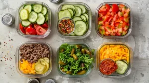 Burger bowl meal prep containers with lettuce, beef, cheese, and sauce.