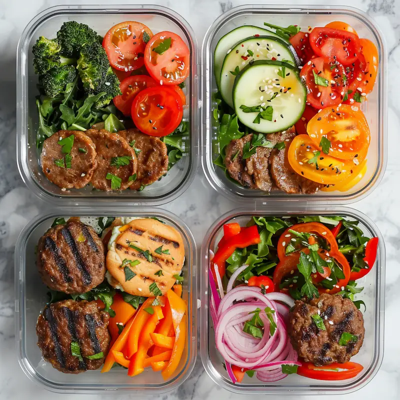 Four meal prep containers with burger bowls ready for the week.