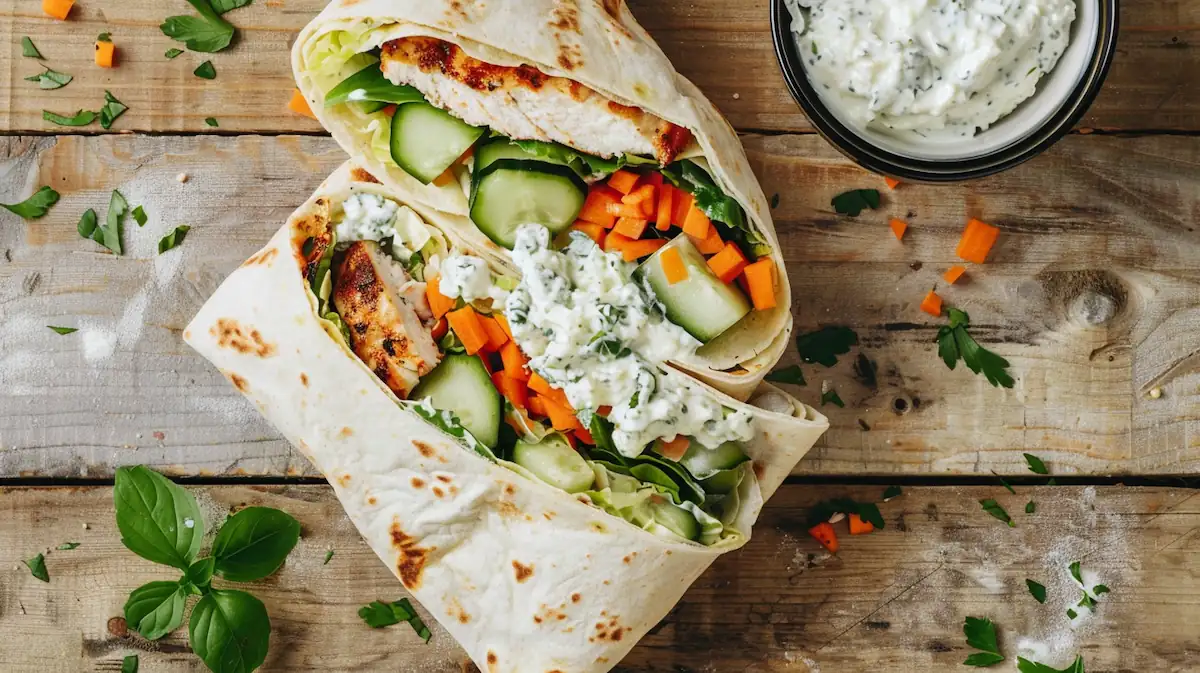 A bright, overhead flatlay of a fresh cottage cheese wrap on a wooden table. The tortilla is sliced in half, showing creamy cottage cheese, colorful veggies (spinach, cucumber, carrots), and grilled chicken strips inside. A small bowl of cottage cheese and scattered fresh herbs are placed around for styling. Clean, minimal, and modern food photography style, with natural light. Perfect for a student-friendly healthy recipe blog.