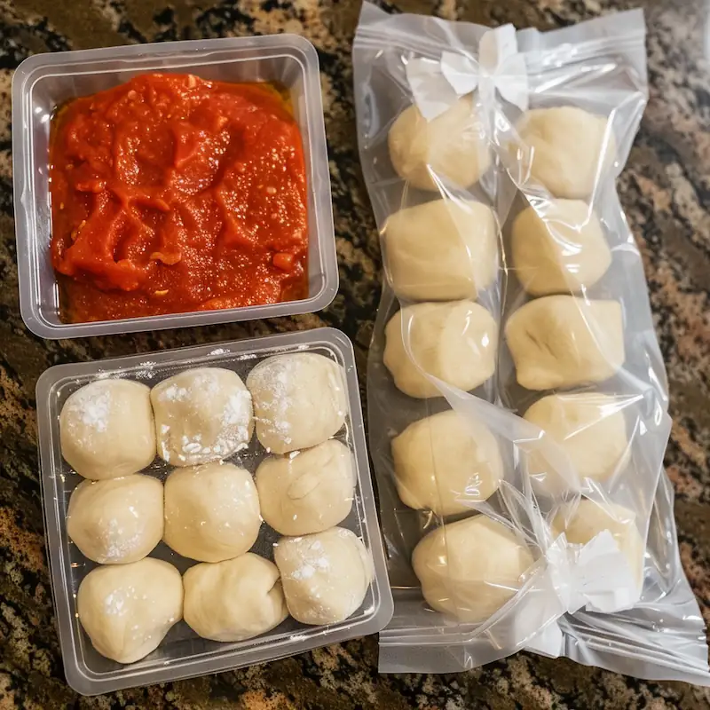 Individually wrapped pizza dough balls and tomato sauce cubes labeled for the freezer