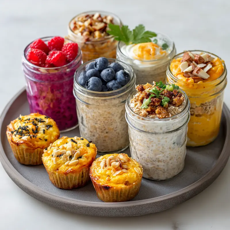Carousel of different overnight oats jars and a tray of egg muffins as a protein side