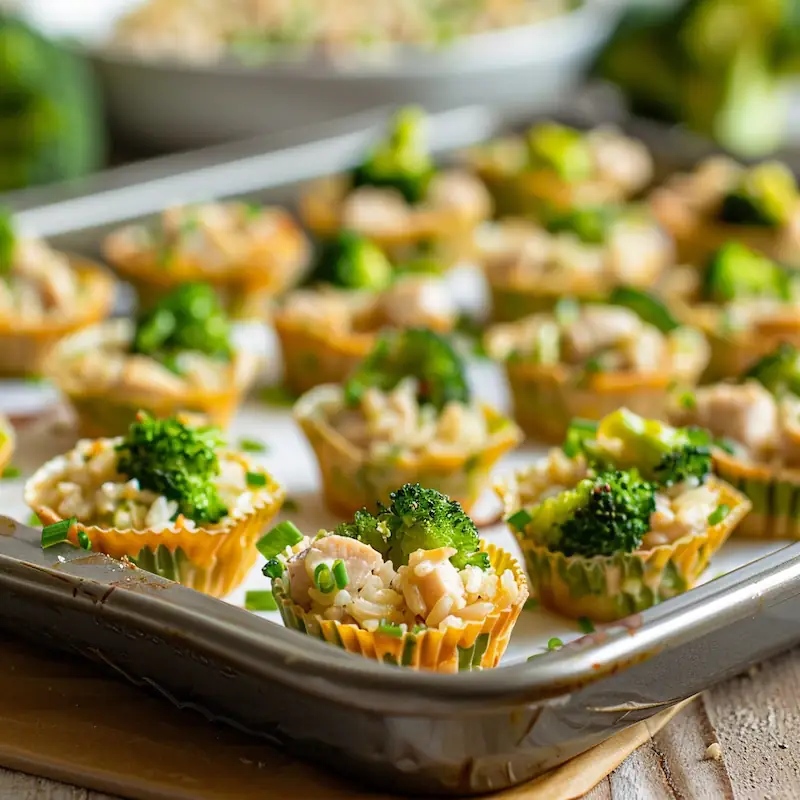 Mini casserole cups of chicken, broccoli, and rice on a baking sheet ready to freeze
