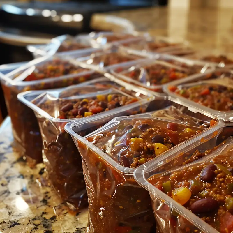 Flat-labeled freezer bags filled with hearty chili.