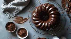 Glossy chocolate protein Bundt cake on a rack with a scoop of protein powder and yogurt cup beside it