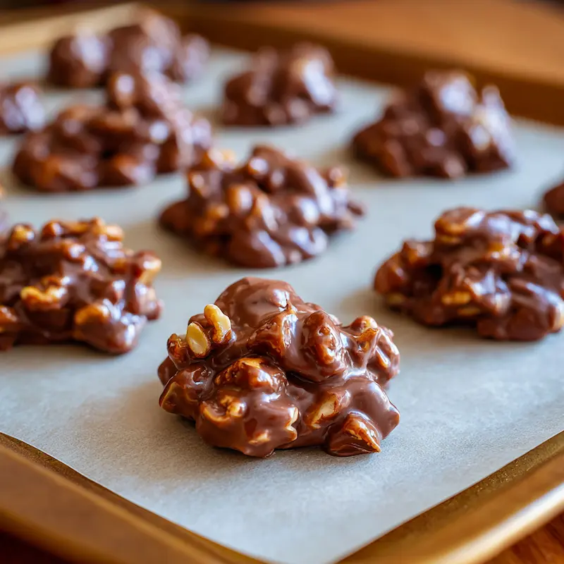 Easy Chocolate Covered Nut Clusters (5-Minute Student Snack You’ll Love!) 3 Chocolate-covered nut clusters cooling on parchment paper.