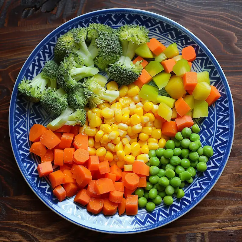 Colorful plate with assorted microwave-steamed vegetables: broccoli, carrots, peas, and corn.