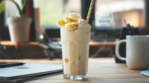 Creamy cottage cheese protein smoothie on a student desk with books and laptop.