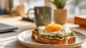 Pesto egg toast with cream cheese served on sourdough with coffee on a student’s breakfast table.