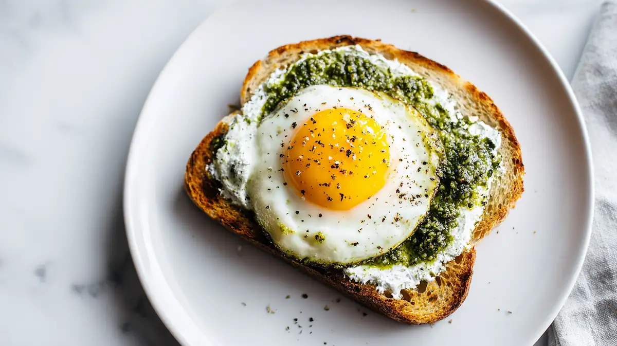 Pesto egg toast with cream cheese on a white desk