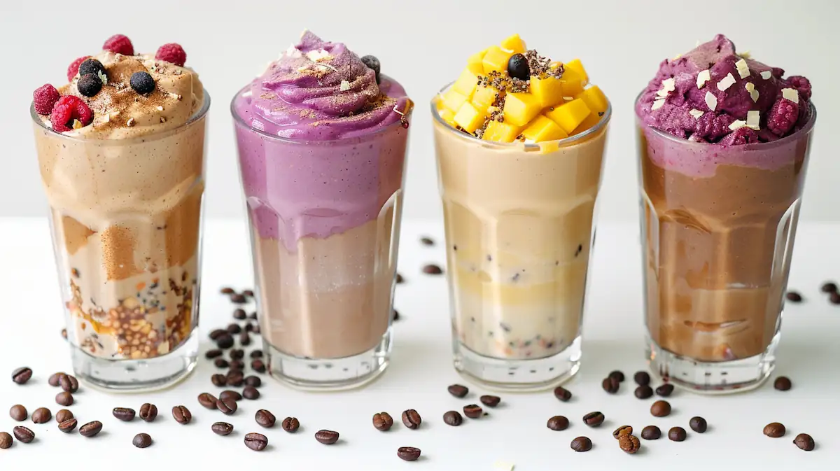 Four glasses of cottage cheese protein smoothies in different flavors: chocolate peanut butter (brown), berry (purple), tropical mango (yellow), and coffee mocha (light brown). Each glass garnished with toppings matching its flavor, arranged neatly on a bright white table.