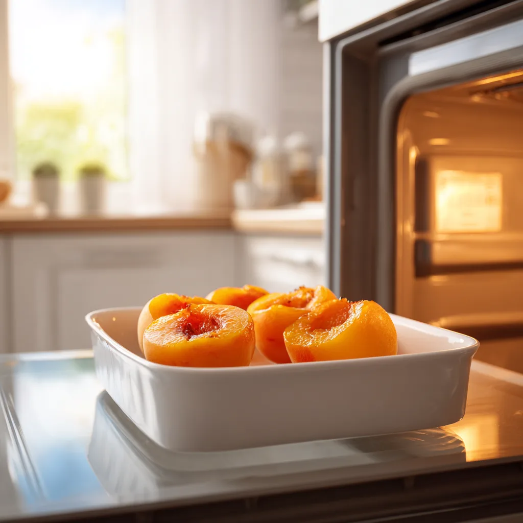 Donut peach halves baking in an oven — cinnamon butter filling bubbling and golden brown