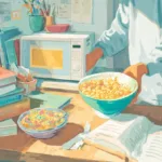 College student preparing a high-protein microwave dinner in a cozy dorm kitchen, budget-friendly and ready in 10 minutes.