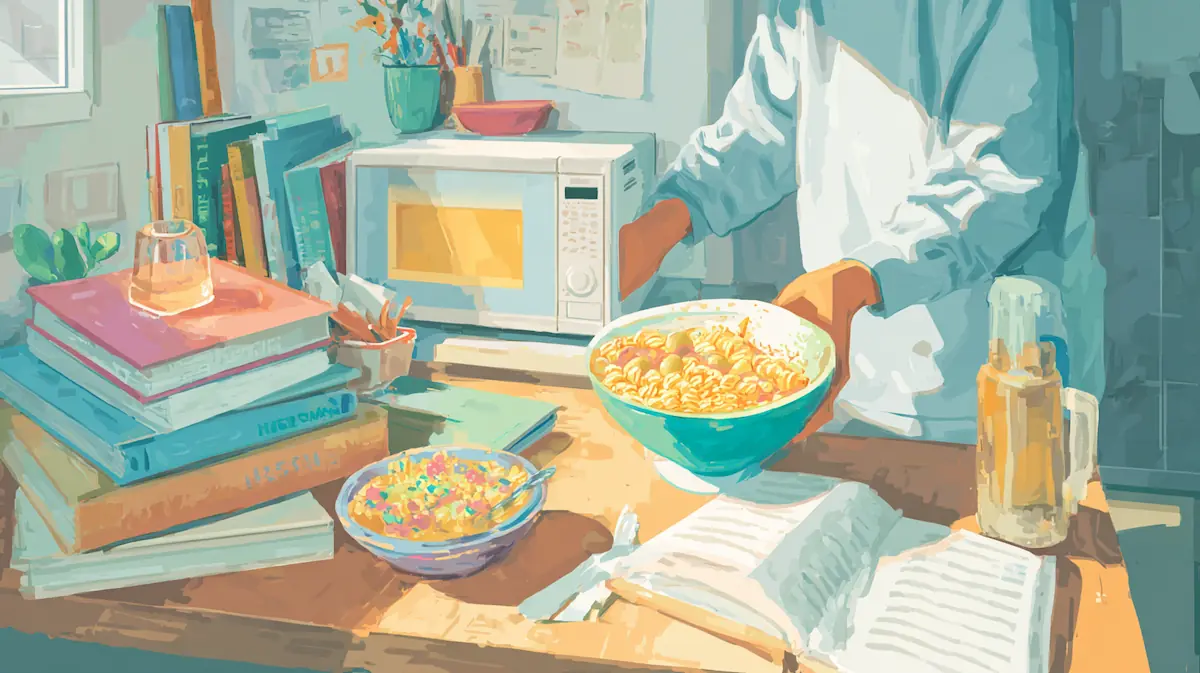 Dorm Microwave Dinners: 15 High-Protein Meals in Under 10 Minutes 1 College student preparing a high-protein microwave dinner in a cozy dorm kitchen, budget-friendly and ready in 10 minutes.