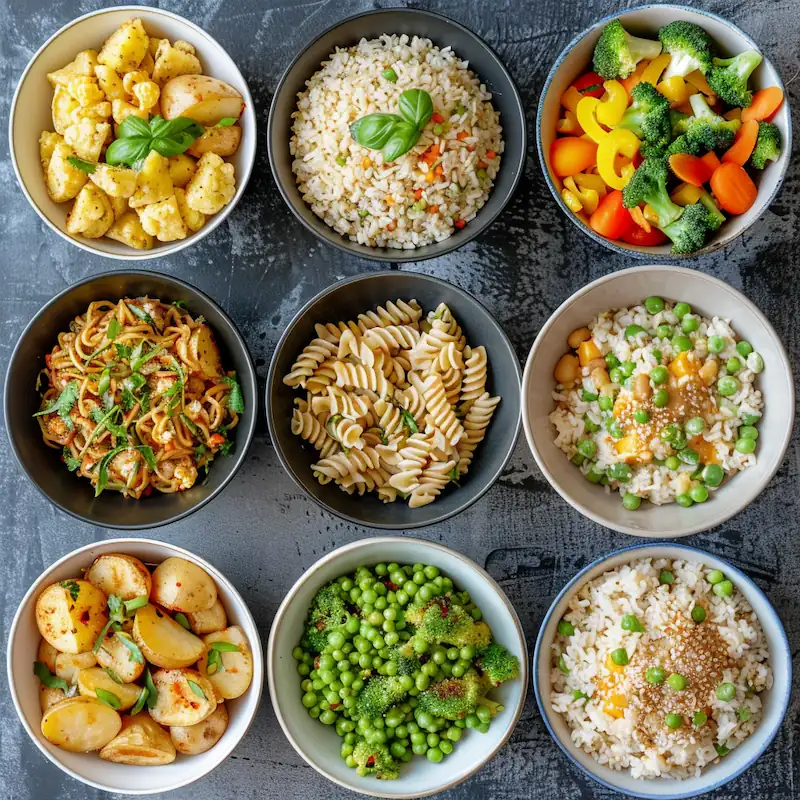 Weekly budget meal plan grid featuring bowls of rice, pasta, oats, and potatoes.