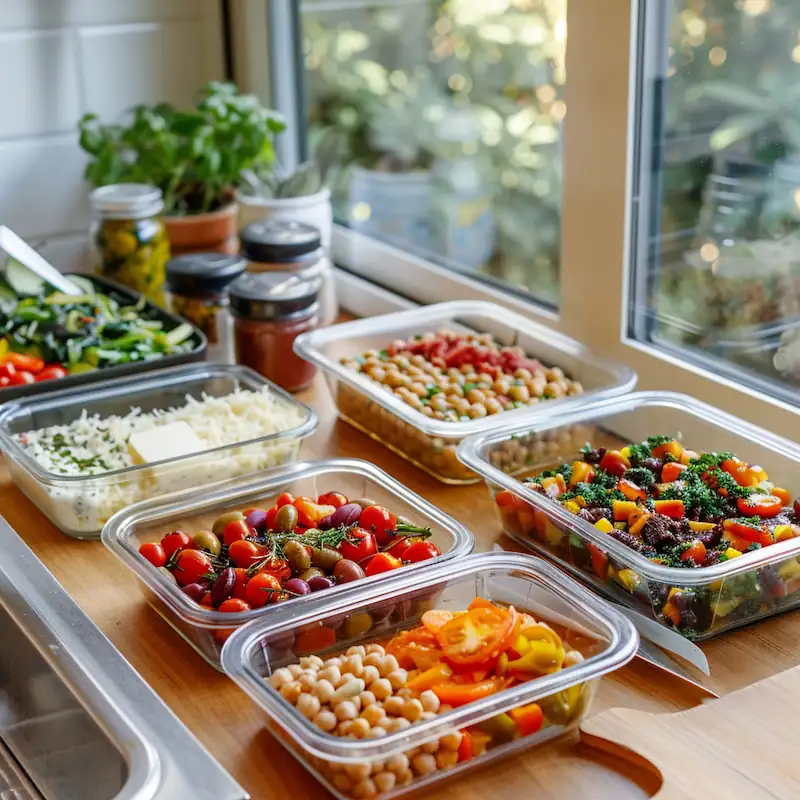 Dorm-friendly Mediterranean pantry: cans of chickpeas and tomatoes, couscous, olive oil, lemons, garlic, yogurt, feta, spinach.