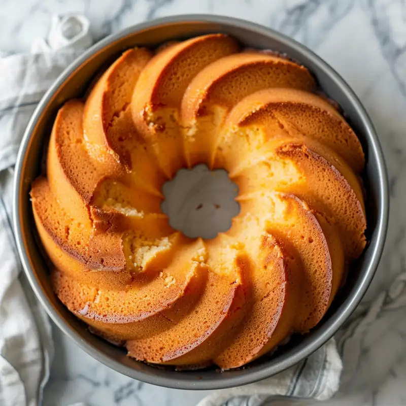 Freshly baked easy Bundt cake cooling in pan with light golden crust.