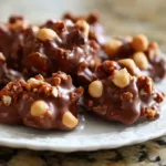 Homemade chocolate covered nut clusters cooling on parchment paper, drizzled with melted chocolate and sprinkled with sea salt.