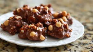 Homemade chocolate covered nut clusters cooling on parchment paper, drizzled with melted chocolate and sprinkled with sea salt.