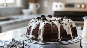 Full Oreo bundt cake topped with glaze and crushed cookies in a cozy student kitchen