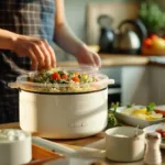 Student preparing affordable Mediterranean recipes in a dorm kitchen with rice cooker, olive oil, roasted vegetables, and Greek yogurt on the counter.