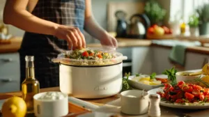 Student preparing affordable Mediterranean recipes in a dorm kitchen with rice cooker, olive oil, roasted vegetables, and Greek yogurt on the counter.