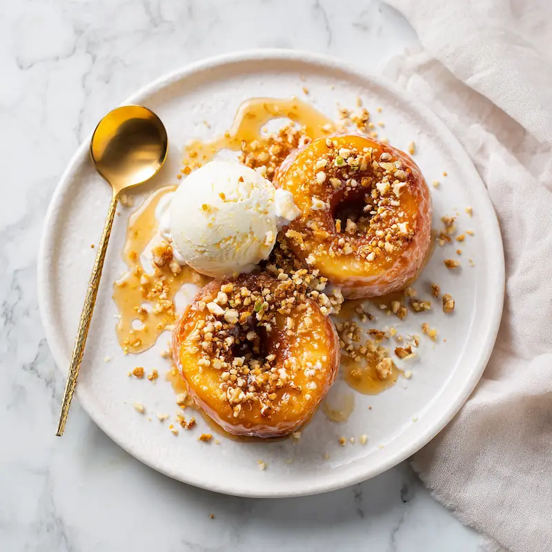 Baked donut peach halves topped with vanilla ice cream and honey on a white plate — student-friendly summer dessert