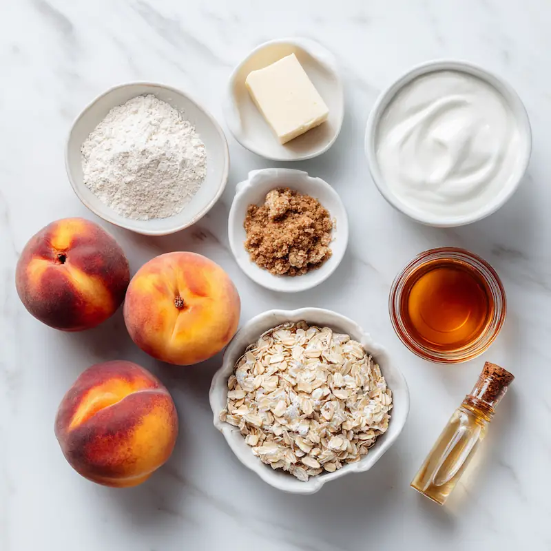 Flat lay of donut peach recipe ingredients — peaches, butter, brown sugar, cinnamon, oats, yogurt, and honey on a white background.