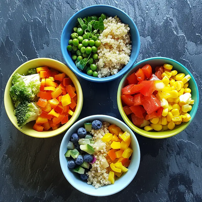 Three colorful student meal bowls made with quinoa — one sweet, one salad, one savory.