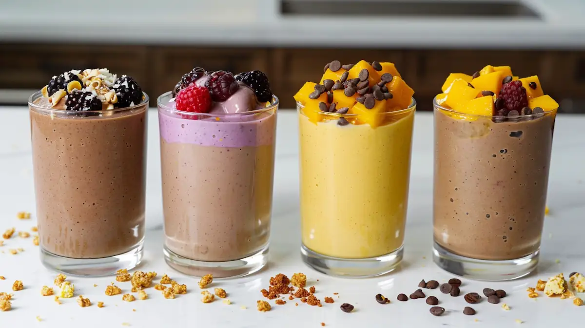 Four cottage cheese protein smoothie variations: chocolate, berry, tropical, and coffee.