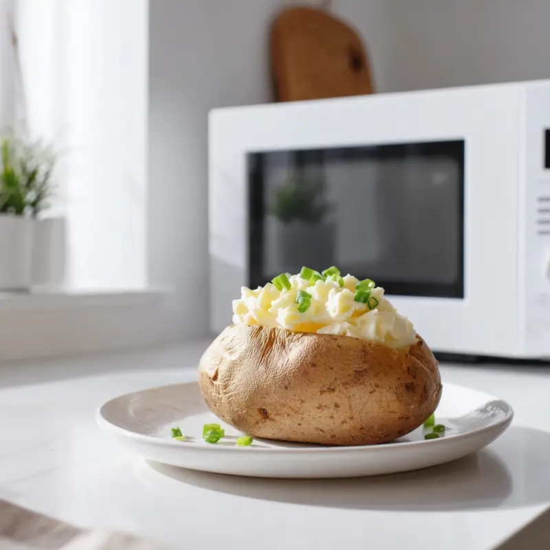 Microwave Baked Potato (Ready in 7 Minutes!) — The Ultimate College Comfort Meal 3 Fluffy baked potato topped with melted butter cheese and green onions