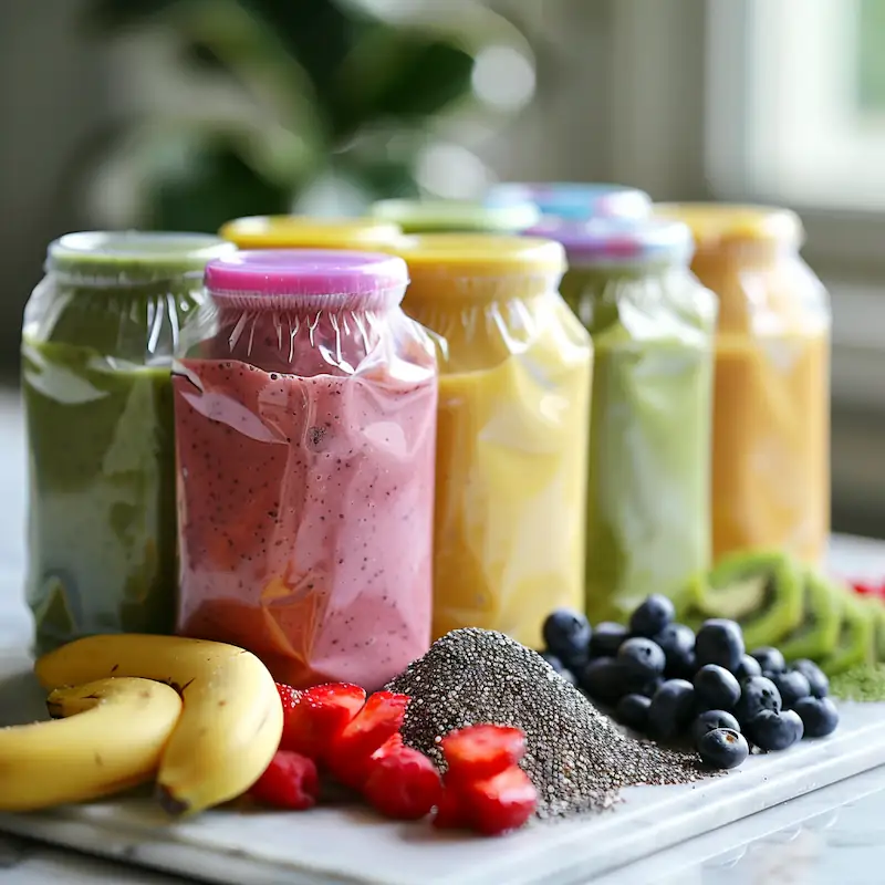 Labeled smoothie packs with berries and spinach stacked in a freezer bin.