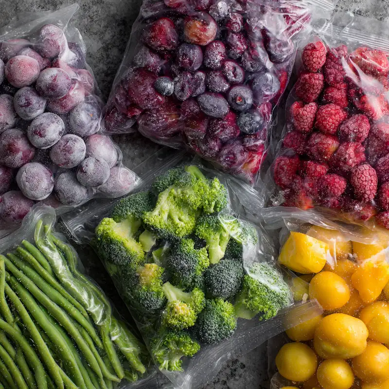 How College Students Can Eat Healthy on a Tight Budget (Without Giving Up Pizza Nights) 2 Frozen fruits and vegetables in bags labeled for budget-friendly college meal prep