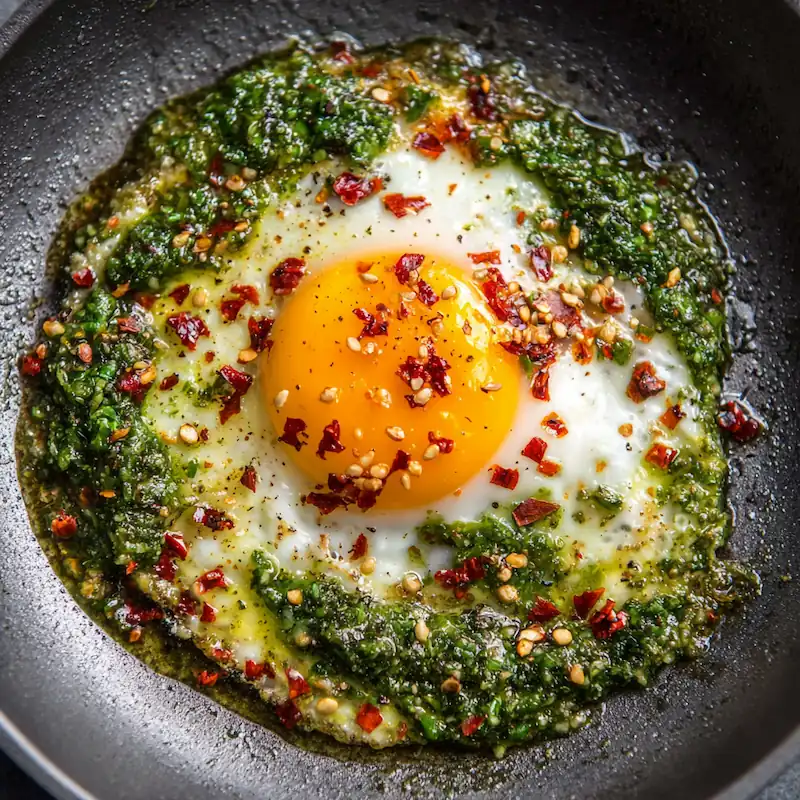 Egg frying in green pesto with red pepper flakes sprinkled on top.