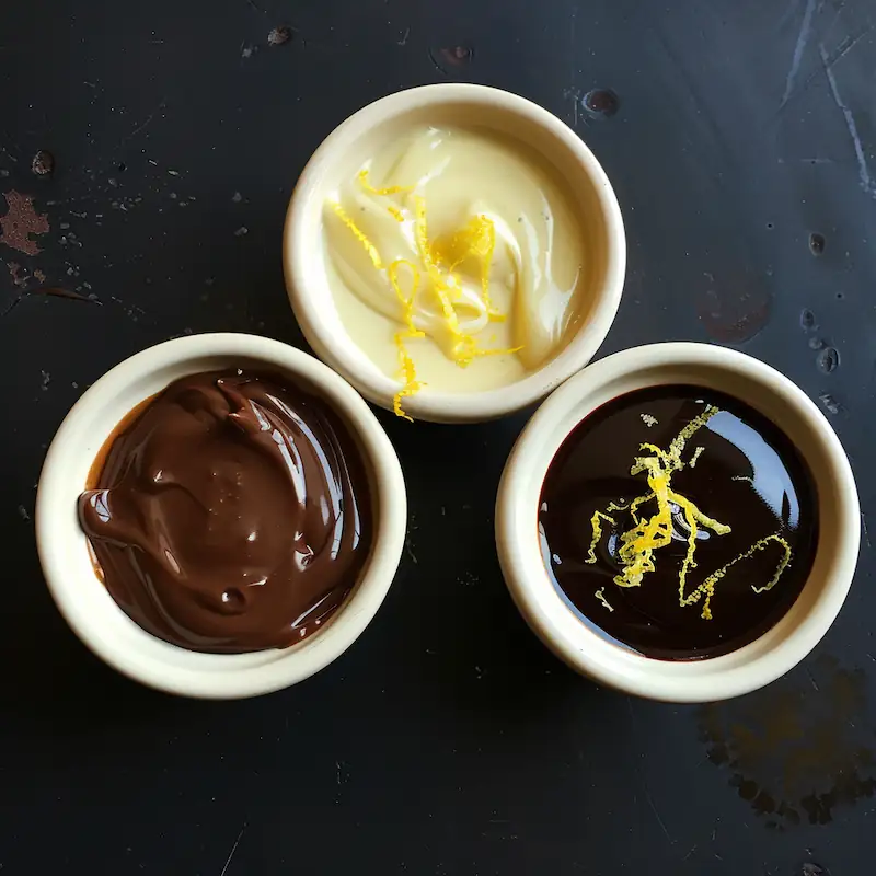 Three small bowls: vanilla glaze, chocolate ganache, lemon drizzle with zest