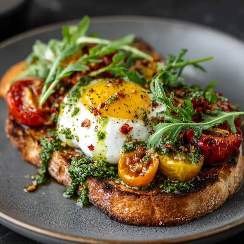 Gourmet pesto egg toast with burrata, roasted tomatoes, and arugula.
