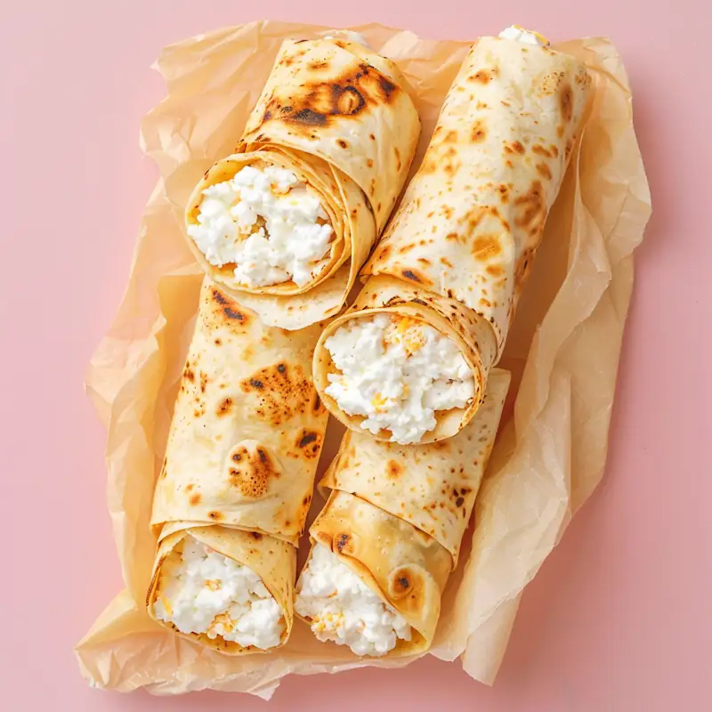 Overhead TikTok recipe shot of parchment paper stacked with multiple cottage cheese wraps, trendy pastel background, viral meal prep aesthetic, clean and modern food styling