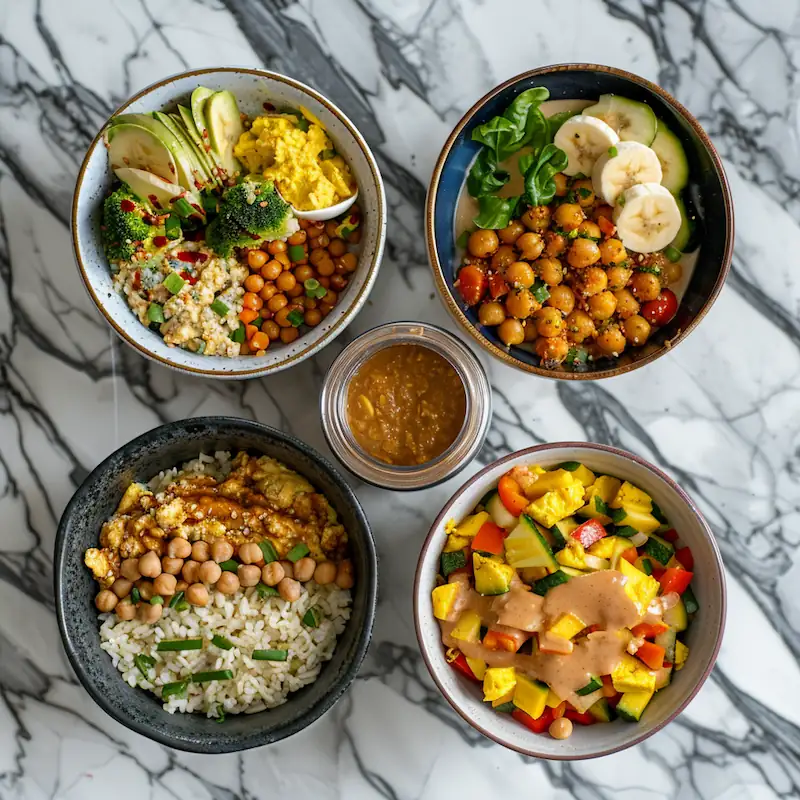 Five high-protein dorm meals on a student desk: scrambled eggs with oats, tuna chickpea salad, yogurt with banana and peanut butter, tofu stir fry, and lentil soup