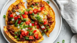 Homemade Taco Bell Mexican Pizza on a white desk with bright lighting, topped with melted cheese, diced tomatoes, and green onions.
